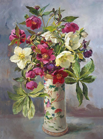 Pink and White Hellebores Christmas Card by Anne Cotterill