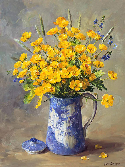 Buttercups in a Blue and White Coffee Pot