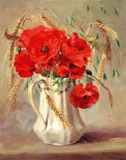 Poppies in a White Jug - card by Anne Cotterill