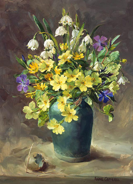 Primroses with Snowflakes - Greetings card by Anne Cotterill