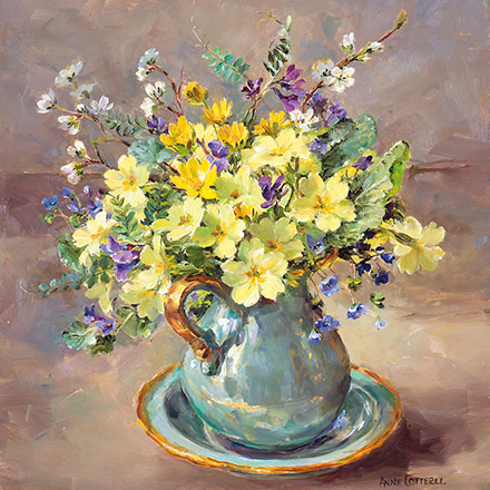 Primroses in a Turquoise Jug greetings card by Anne Cotterill