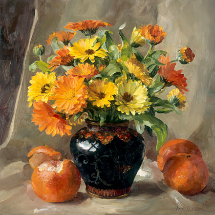 Marigolds with Oranges - flower art card by Anne Cotterill