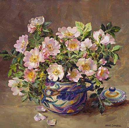 Wild Roses in the Bluebird Pot - blank card by Anne Cotterill