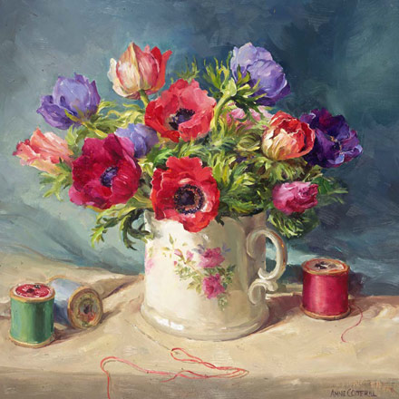 Anemones with Cotton Reels - Flower card by Anne Cotterill