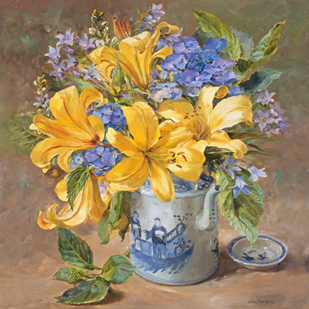 Yellow Lilies with Hydrangeas - flower card by Anne Cotterill
