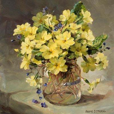 Primroses in a Glass Jar - greeting card by Anne Cotterill