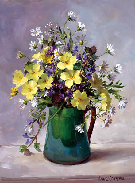 Primroses and Stitchwort in a Green Jug - Birthday Card by Anne Cotterill