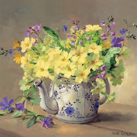Primroses in a Teapot - Birthday Card by Anne Cotterill Flower Art