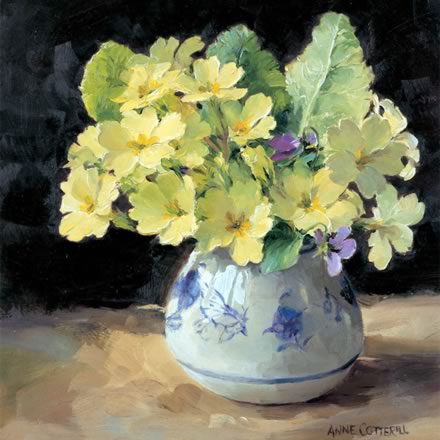 Primroses with Violet - Blank Greetings Card by Anne Cotterill Flower Art