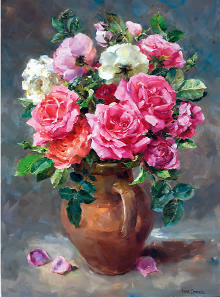 Roses in a Stoneware Jug -  Blank or Birthday Card by Anne Cotterill