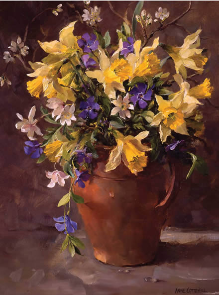 Wild Daffodils and Periwinkles - Blank/Birthday Card by Anne Cotterill Flower Art