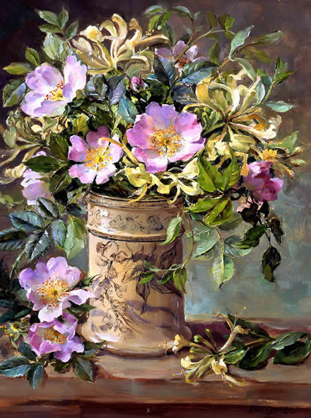 Wild Roses and Honeysuckle greetings card by Anne Cotterill