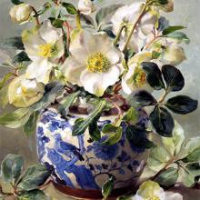 White Hellebores in a Chinese Vase - Christmas Card by Anne Cotterill