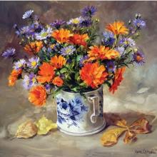 Marigolds with Asters blank card by Anne Cotterill Flower Art