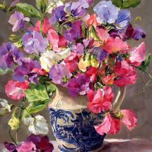 Sweet Peas in a Blue and White Jug - Blank or Birthday Card by Anne Cotterill Flower Art