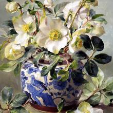 White Hellebores in a Chinese Vase - blank card by Anne Cotterill