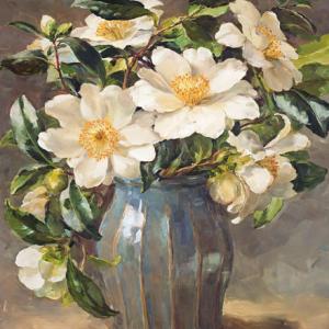 Fully bloomed white camellias with their rich green foliage painted in a ridged green glazed vase.