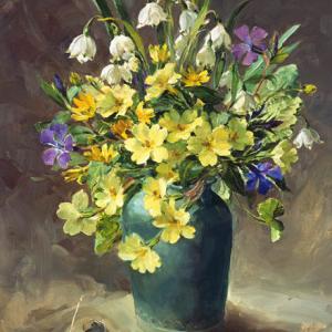 Primroses with Snowflakes - Greetings card by Anne Cotterill
