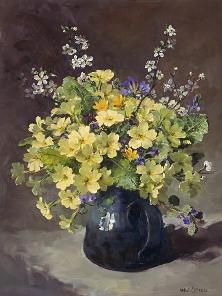 Blackthorn with Primroses - flower card by Anne Cotterill