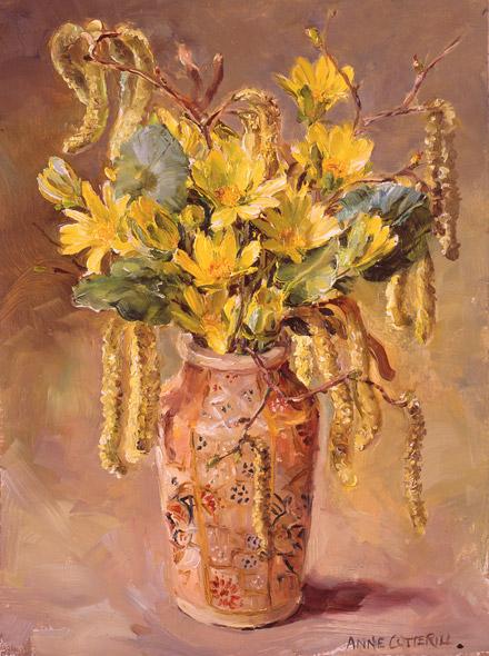 Celandines with Catkins greetings card by Anne Cotterill