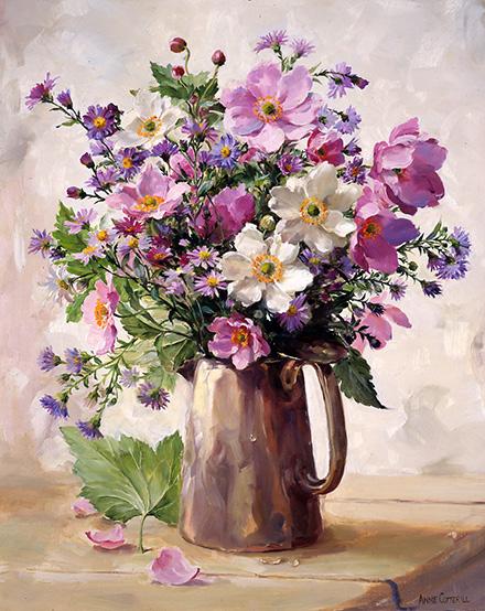 Japanese Anemones in a Silver Jug - Blank Card by Anne Cotterill