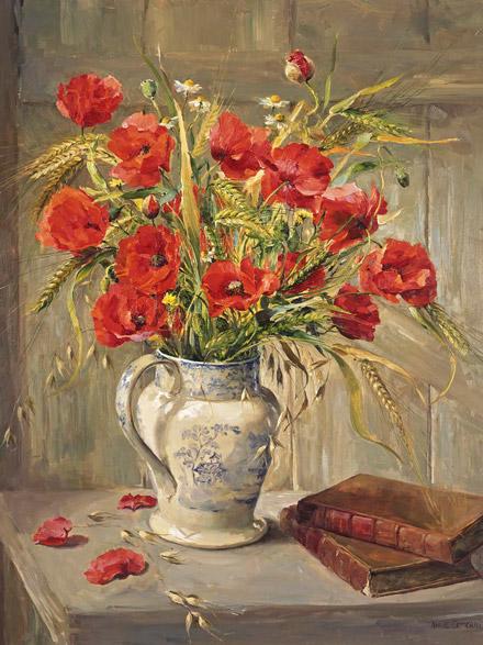 Poppies with Books - greetings card by Anne Cotterill