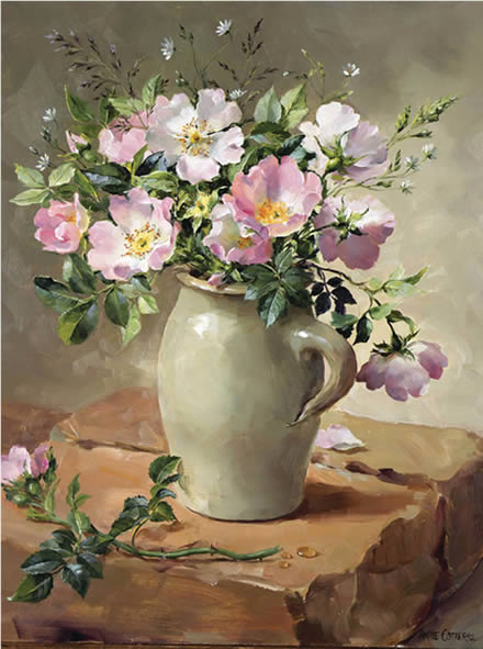 Briar Roses in a Stone Jug - Blank or Birthday Card by Anne Cotterill Flower Art 