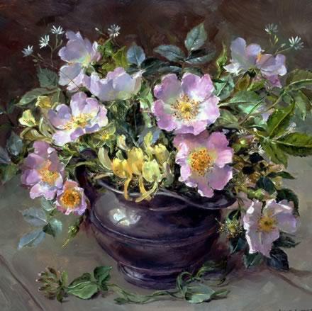 Briar Roses in Pewter - Birthday Card by Anne Cotterill Flower Art