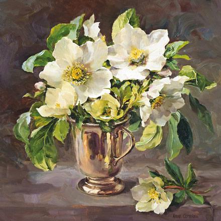 Christmas Roses in a Silver Mug Christmas Card by Anne Cotterill