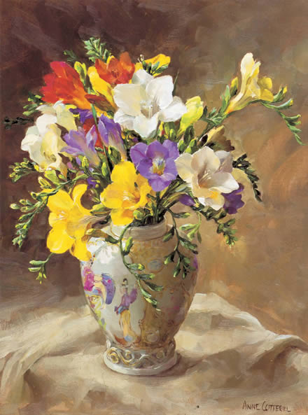 Freesias in a Chinese Vase Blank Card by Anne Cotterill