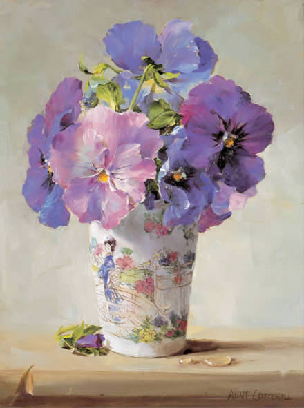 Blue Pansies - Blank Card by Anne Cotterill Flower Art