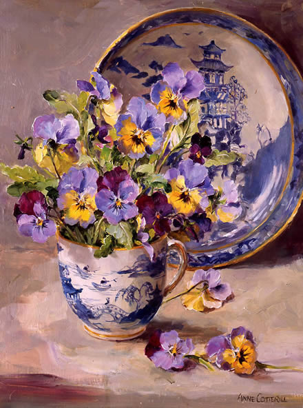 Pansies with Willow Pattern Plate - Blank or Birthday Card by Anne Cotterill Flower Art 