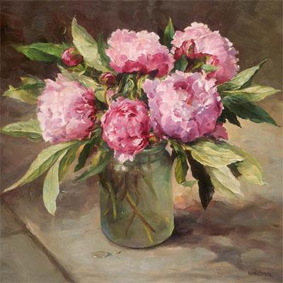 Pink Peonies - blank greetings card by Anne Cotterill