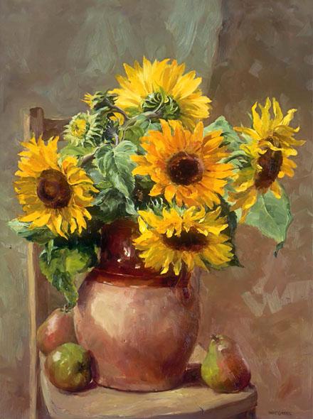 Sunflowers with Pears - Greetings Card by Anne Cotterill