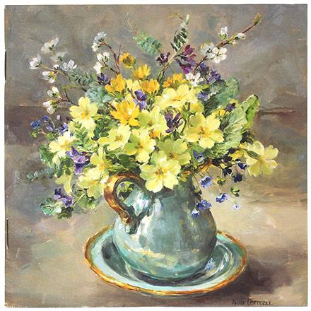 Anne Cotterill Flower Art - Notebook with Primroses in a Turquoise Jug on cover.