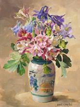 Aquilegia in a Japanese Vase - blank card by Anne Cotterill