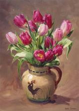 Tulips in a Torquay Rooster Jug - blank greetings card by Anne Cotterill