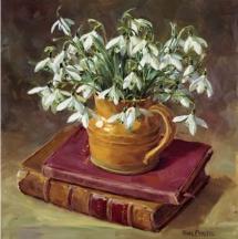 Snowdrops with Books birthday card by Anne Cotterill Flower Art
