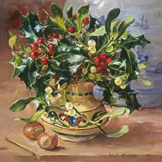 Holly and Mistletoe Christmas Card by Anne Cotterill