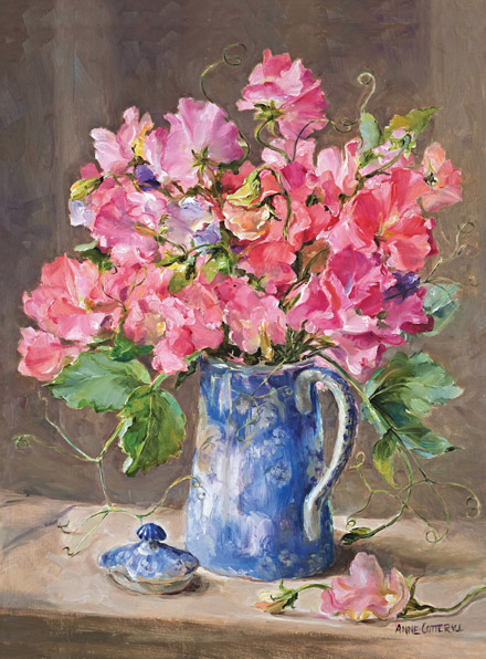 Sweet Peas in a Blue and White Coffee Pot - limited edition giclee print
