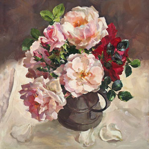  Roses in a Pewter Jug - blank flower card by Anne Cotterill
